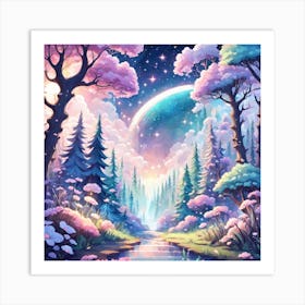 A Fantasy Forest With Twinkling Stars In Pastel Tone Square Composition 372 Art Print