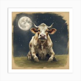 Cow In The Moonlight Art Print