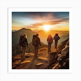 Hikers In The Mountains At Sunset Art Print