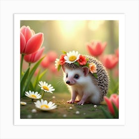 A Tiny Hedgehog Wearing A Flower Crown, Exploring A Garden Of Giant Tulips And Daisies Art Print