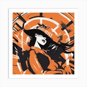 A Silhouette Of A Man Wearing A Black Hat And Laying On Her Back On A Orange Screen, In The Style Of (1) Art Print