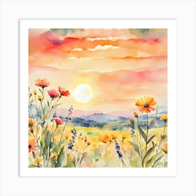 Wildflowers Sunset, Square Retro Art, Flower Fields Art Print