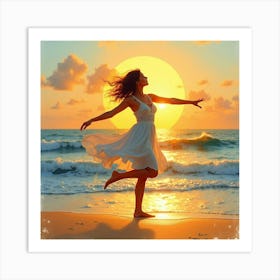 Dancer With Watercolor Golden Sun Setting Over Ocean 1 Art Print