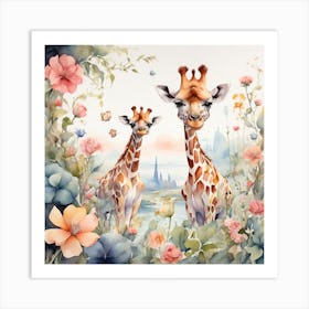 Giraffes In The Garden Art Print