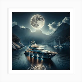 A Yacht In Moonlight Art Print