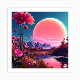 Pink Flowers In The Sky,Pink Flowers, sunset, read shade flowers, blue sky, beautiful location , sunset view, wall decorator Art Print