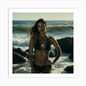 Woman In Black Bikini Posing On Rocks Art Print