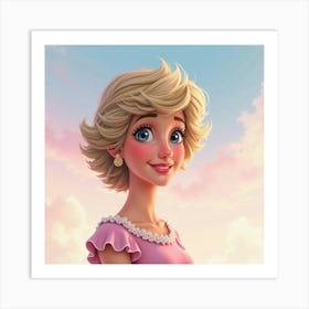 Smiling Princess Diana With A Dreamy Pastel Watercolor Sky Behind Her Art Print