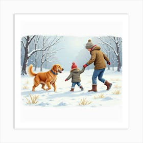 A Golden Retriever And A Family Playing In The Snow, Watercolor 1 Art Print