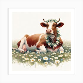 Cow With Daisies Art Print