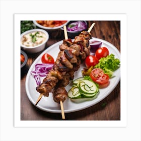 Kebabs On Skewers With Salad And Vegetables Art Print