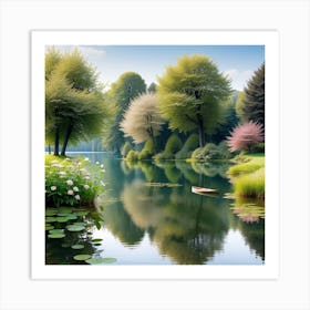 Lake With Trees And Flowers Art Print