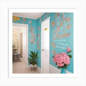 Blue Hallway With Flowers Art Print