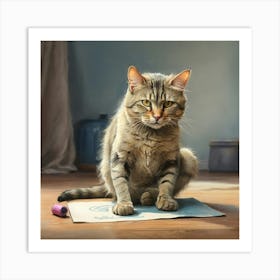 Cat Sitting On Paper Art Print