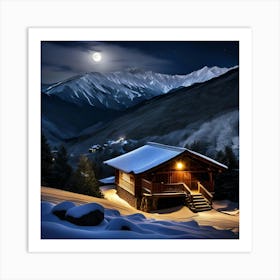 Cabin At Night In The Mountains Art Print