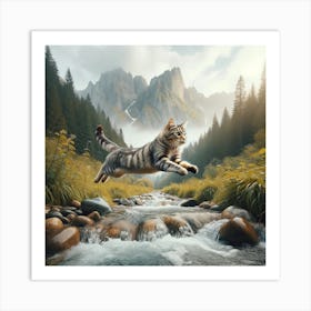 Cat jumping over water stream Art Print