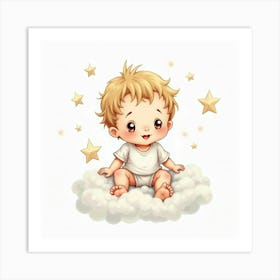 Watercolor Toddler Sitting On A Fluffy Cloud Surrounded By Soft Stars Art Print