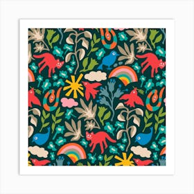 LAND OF PLENTY Cute Outdoors Wildlife Nature Birds Animals Snake Flowers Rainbow in Bright Colors Art Print