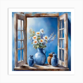 Blue wall. Open window. From inside an old-style room. Silver in the middle. There are several small pottery jars next to the window. There are flowers in the jars Spring oil colors. Wall painting.56 Art Print