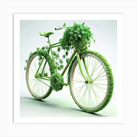 Green Bicycle Covered In Plants Art Print