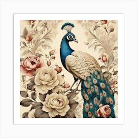 Cream Vintage Floral Peacock Wallpaper Art Print 1 Art Print