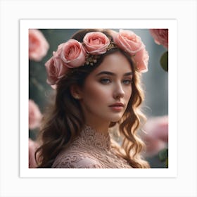 Beautiful Girl With Roses Art Print