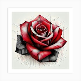 Red Rose Blossom - Abstract Line Art Illustration 27 Art Print