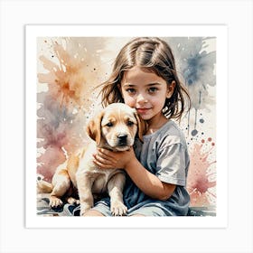 Water Colored Painting Of A Girl Child With Her Puppy 2d Art Water Color Spray 32k Resolution 3553479364 Art Print