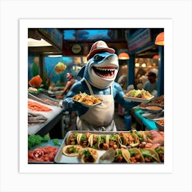 Shark In A Restaurant Art Print