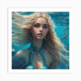 Blonde blue eyed mermaid Art Print