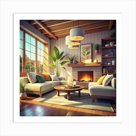 Cozy Living Room With Fireplace And Large Window Art Print