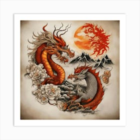 Dragons And Flowers Art Print