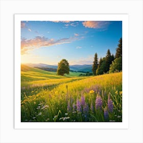 Framed In Golden Hour Light A Quaint Cottage Sits Nestled In The Heart Of A Luxuriant Summer Meadow Art Print