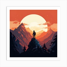 Man Standing On Top Of A Mountain, A Lone Mountain Climber Reaching The Summit Representing Perseverance Art Print