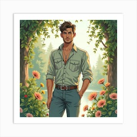 Gorgeous Man In Watercolor Attire, Romantic Garden Setting 1 Art Print