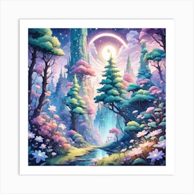 A Fantasy Forest With Twinkling Stars In Pastel Tone Square Composition 73 Art Print