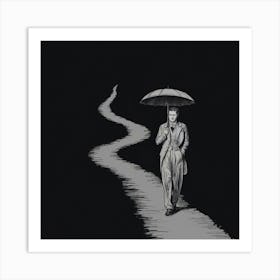 A captivating ink drawing of a lone figure traversing a narrow, serpentine path. The man is dressed in a vintage ensemble, holding onto an old-fashioned umbrella. The path is shrouded in complete darkness, with only the faint silhouette of the man and the subtle outlines of the winding path visible. The ink lines are bold and dramatic, creating an atmosphere of mystery and suspense. Art Print