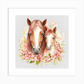 Watercolor Spring Mama And Baby Horses Art Print