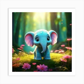 Firefly 3d, Animated, Cute, Little, Round, Turquoise, Elephant, Baby, Forest, Pink Flowers, Whimsica 1 Art Print