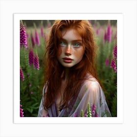 Red Haired Girl In Purple Flowers Art Print