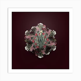 Vintage Yellow Banded Iris Flower Wreath on Wine Red n.1296 Art Print