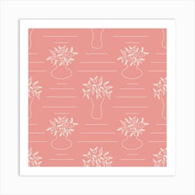 Doodle Flowers in Vases and Lines on Pink, Pattern Art Print