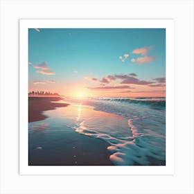 Deserted Beach Scene With Waves Crashing On The Shore Water In Pale Blue And Burnt Sienna Hues Art Print