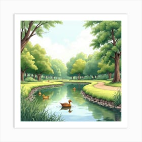 A Scenic English Park With A Duck Pond And Walking Paths, Watercolor Style 1 Art Print