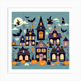 Halloween Houses At Night - Cute Vector style Illustration Art Print