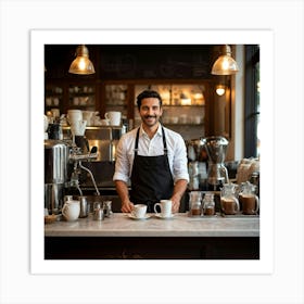 Cafe Interior Early Morning Barista Clad In A Crisp Apron With Visible Badges Of Skill Steam Waft (6) Art Print