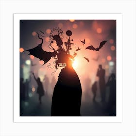 Silhouette Of A Woman With Bats Art Print