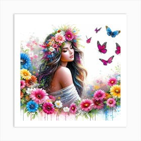 Butterfly Girl With Flowers Art Print