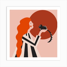 Redhead And Kitten Square Art Print