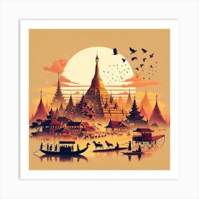 Sunset In Myanmar Art Print